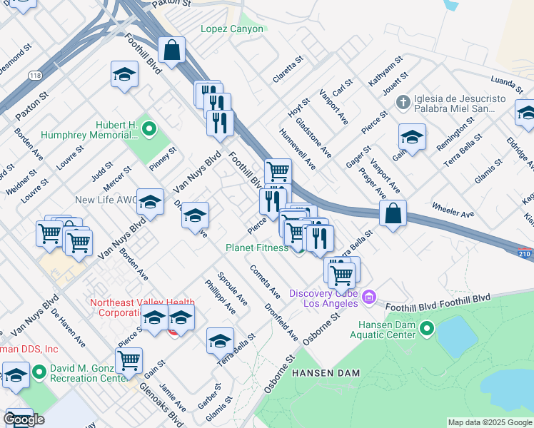 map of restaurants, bars, coffee shops, grocery stores, and more near 11402 Believe Lane in Los Angeles