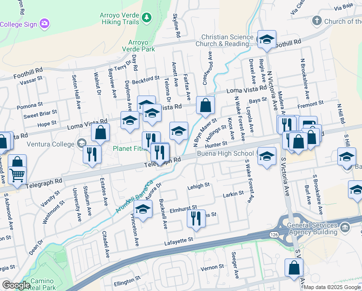 map of restaurants, bars, coffee shops, grocery stores, and more near 5403 North Bryn Mawr Street in Ventura