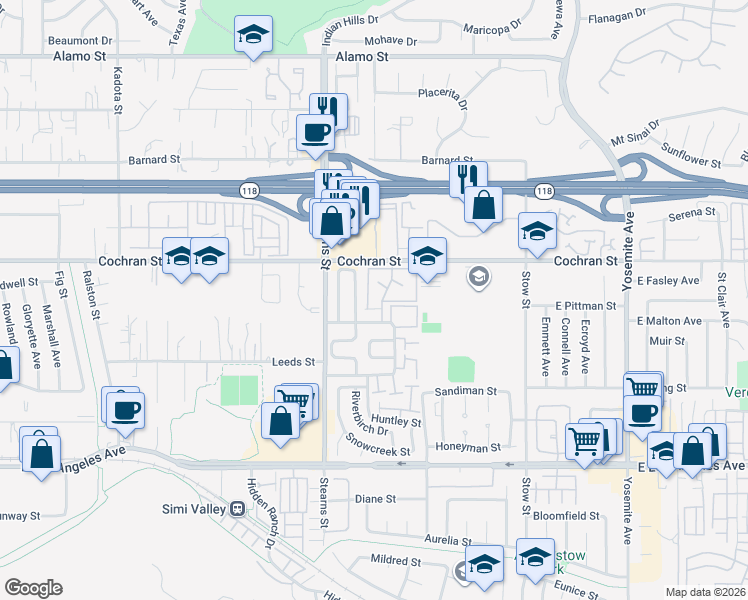 map of restaurants, bars, coffee shops, grocery stores, and more near 2343 Archwood Lane in Simi Valley