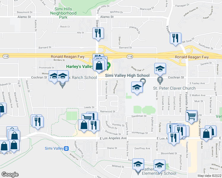 map of restaurants, bars, coffee shops, grocery stores, and more near 2343 Archwood Lane in Simi Valley