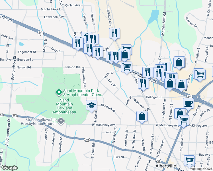 map of restaurants, bars, coffee shops, grocery stores, and more near 617 Rose Road in Albertville