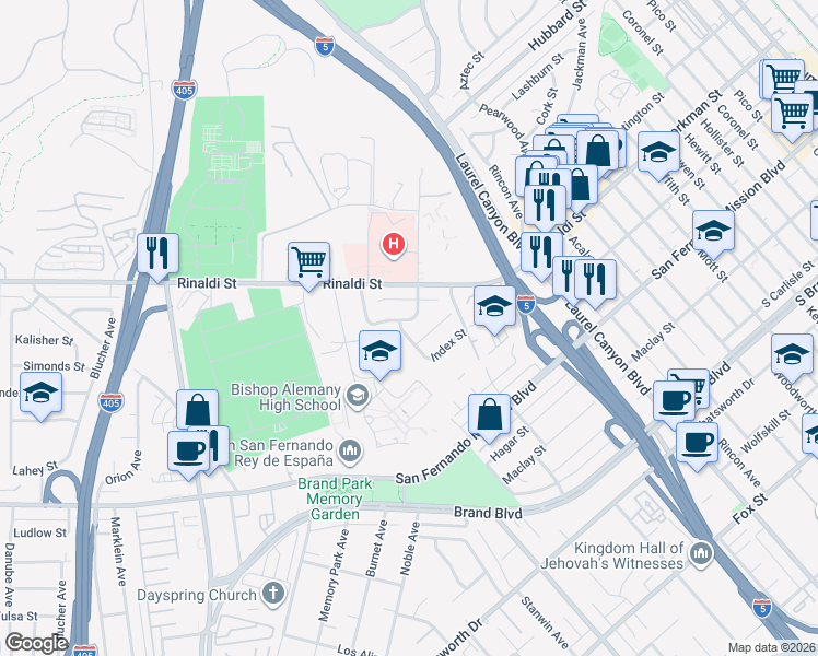 map of restaurants, bars, coffee shops, grocery stores, and more near 11420 Bartee Avenue in Los Angeles