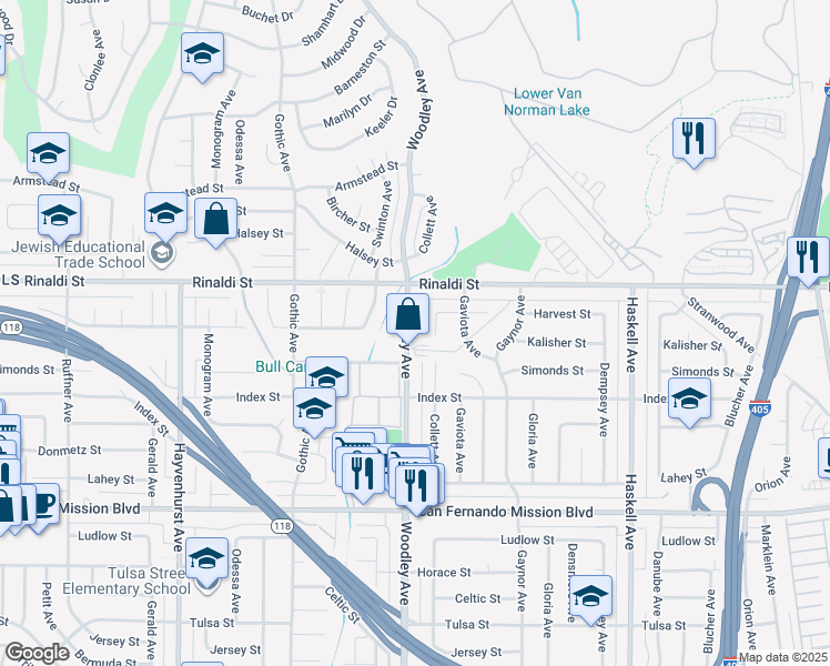 map of restaurants, bars, coffee shops, grocery stores, and more near 11406 Woodley Avenue in Los Angeles