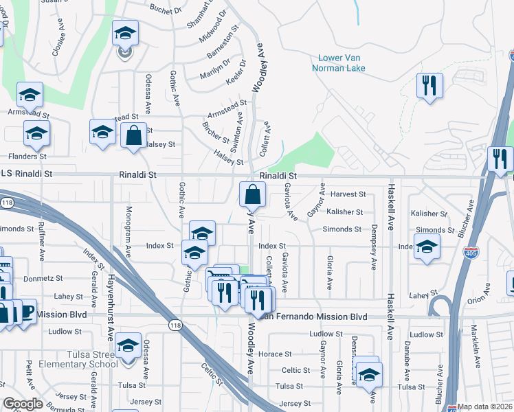 map of restaurants, bars, coffee shops, grocery stores, and more near 11406 Woodley Avenue in Los Angeles