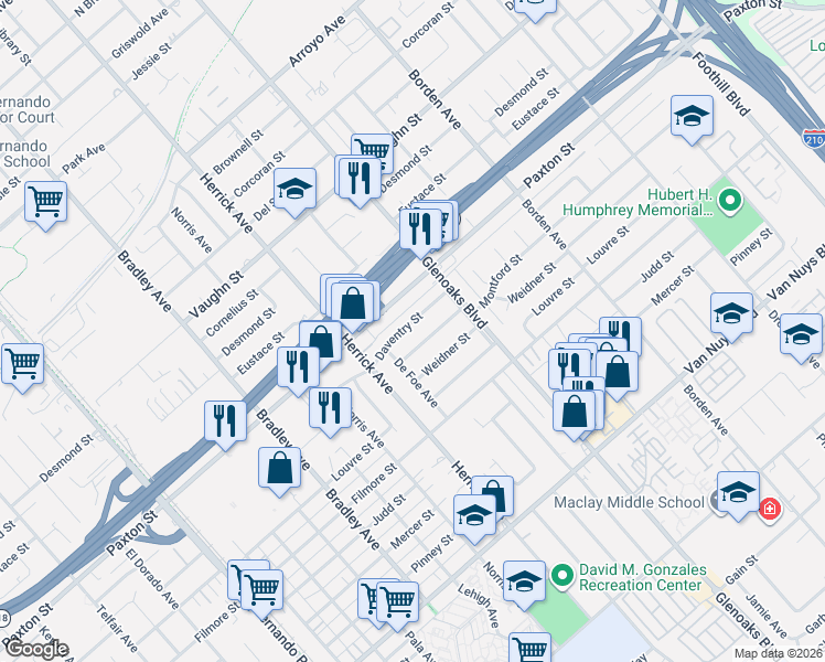 map of restaurants, bars, coffee shops, grocery stores, and more near 13131 Daventry Street in Los Angeles