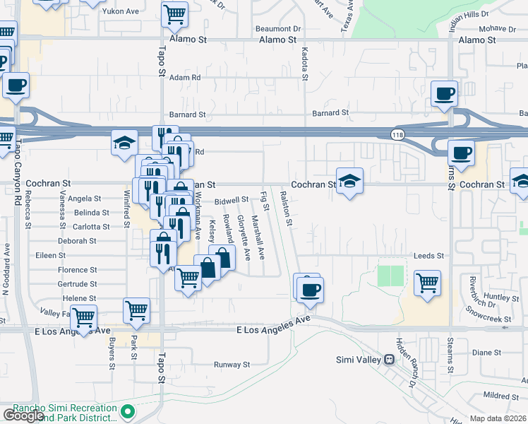 map of restaurants, bars, coffee shops, grocery stores, and more near 2330 Fig Street in Simi Valley