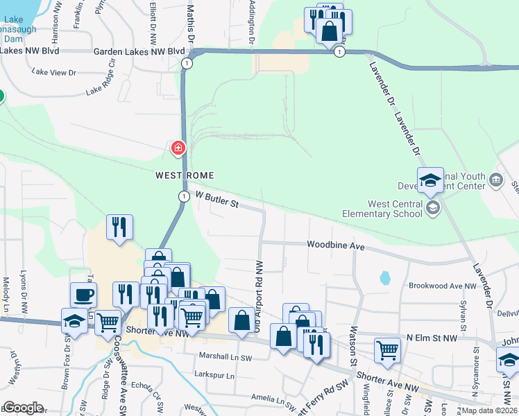 map of restaurants, bars, coffee shops, grocery stores, and more near 225 Old Airport Road Northwest in Rome