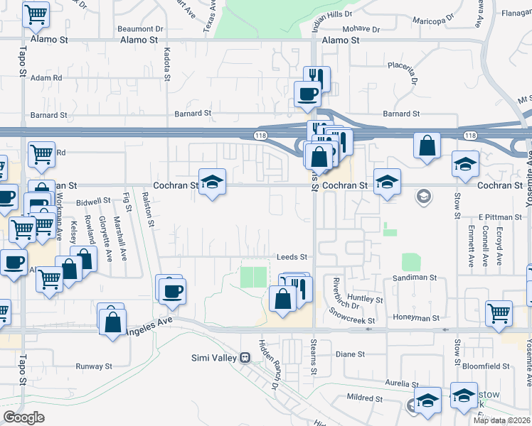 map of restaurants, bars, coffee shops, grocery stores, and more near 2317 Summerwood Avenue in Simi Valley