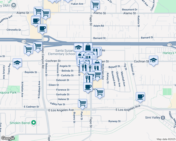 map of restaurants, bars, coffee shops, grocery stores, and more near 2381 Tapo Street in Simi Valley