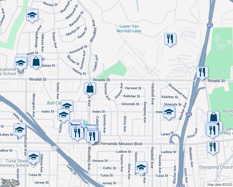 map of restaurants, bars, coffee shops, grocery stores, and more near 11377 Gaynor Avenue in Los Angeles