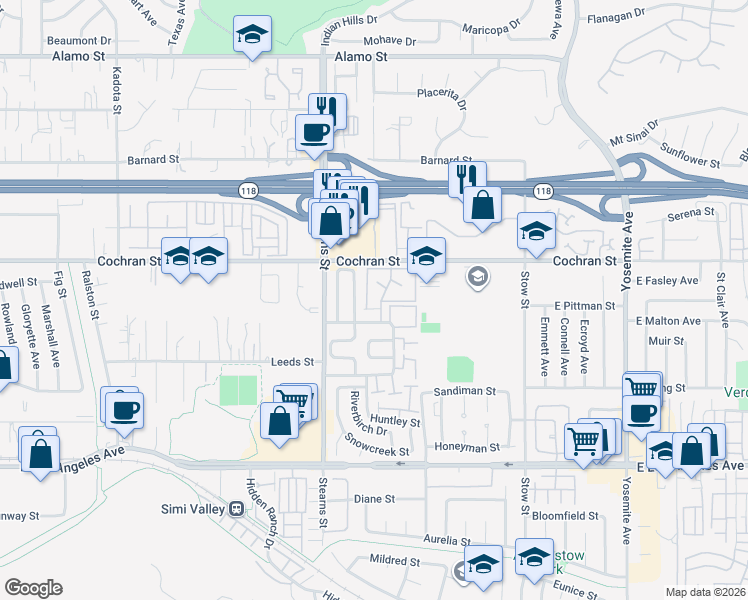 map of restaurants, bars, coffee shops, grocery stores, and more near 2343 Archwood Lane in Simi Valley