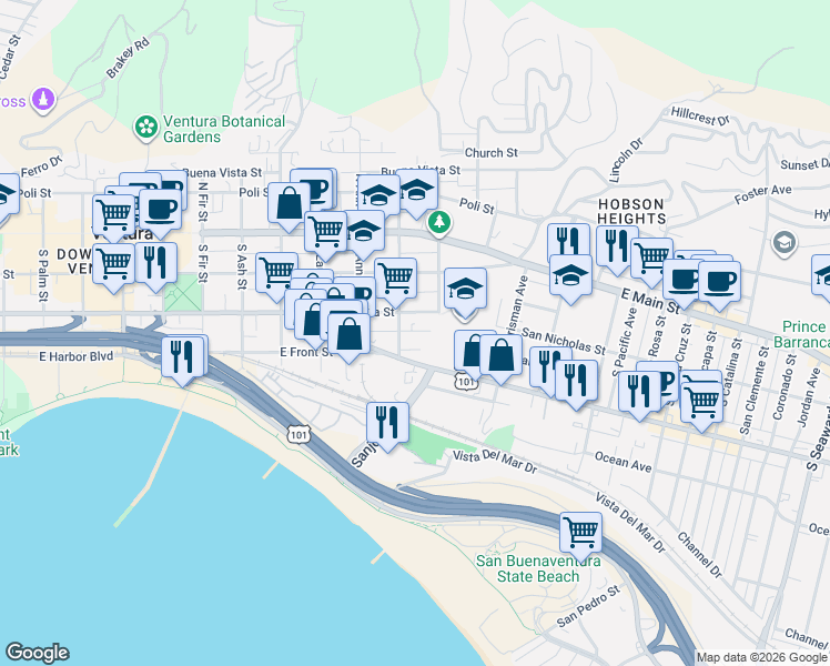 map of restaurants, bars, coffee shops, grocery stores, and more near 248 South Hemlock Street in Ventura