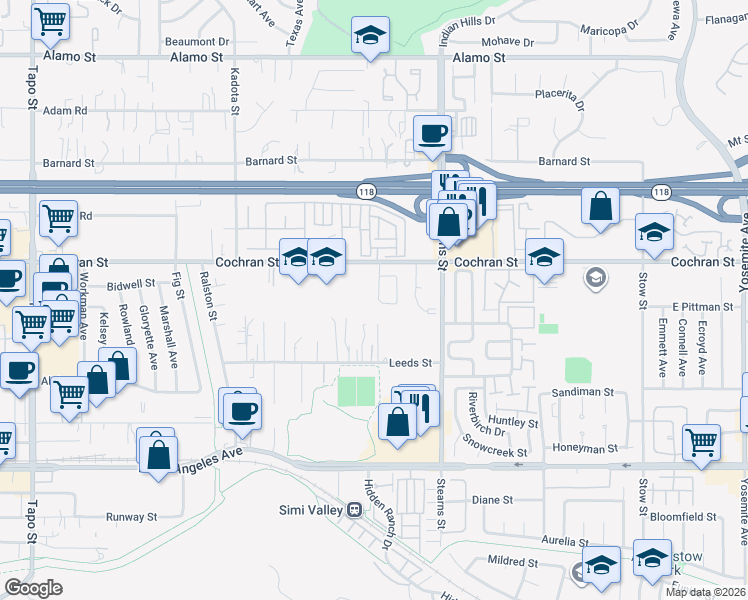 map of restaurants, bars, coffee shops, grocery stores, and more near 2317 Summerwood Avenue in Simi Valley