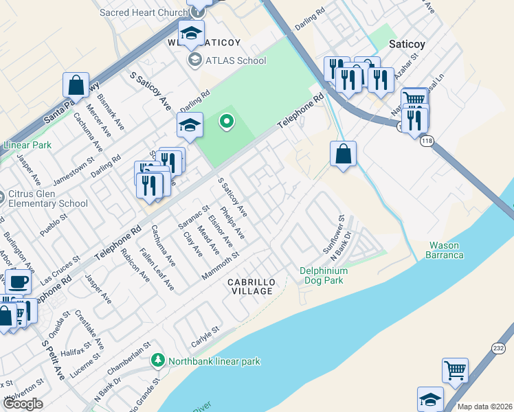 map of restaurants, bars, coffee shops, grocery stores, and more near 1346 Bluebonnet Avenue in Ventura