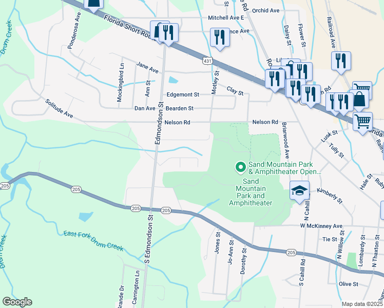 map of restaurants, bars, coffee shops, grocery stores, and more near 918 Leyland Drive in Albertville