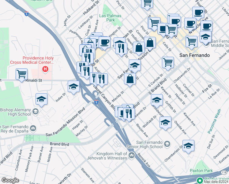 map of restaurants, bars, coffee shops, grocery stores, and more near 11419 Acala Avenue in San Fernando