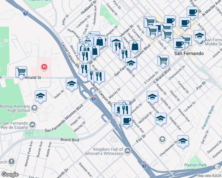 map of restaurants, bars, coffee shops, grocery stores, and more near 11419 Acala Avenue in San Fernando