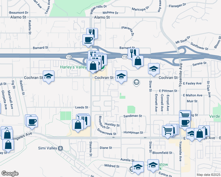 map of restaurants, bars, coffee shops, grocery stores, and more near 2304 Archwood Lane in Simi Valley