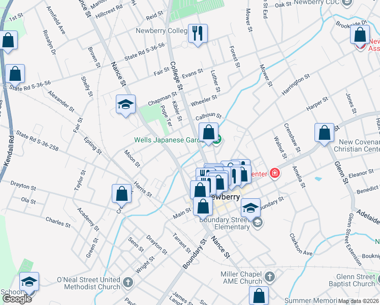 map of restaurants, bars, coffee shops, grocery stores, and more near 1505 College Street in Newberry