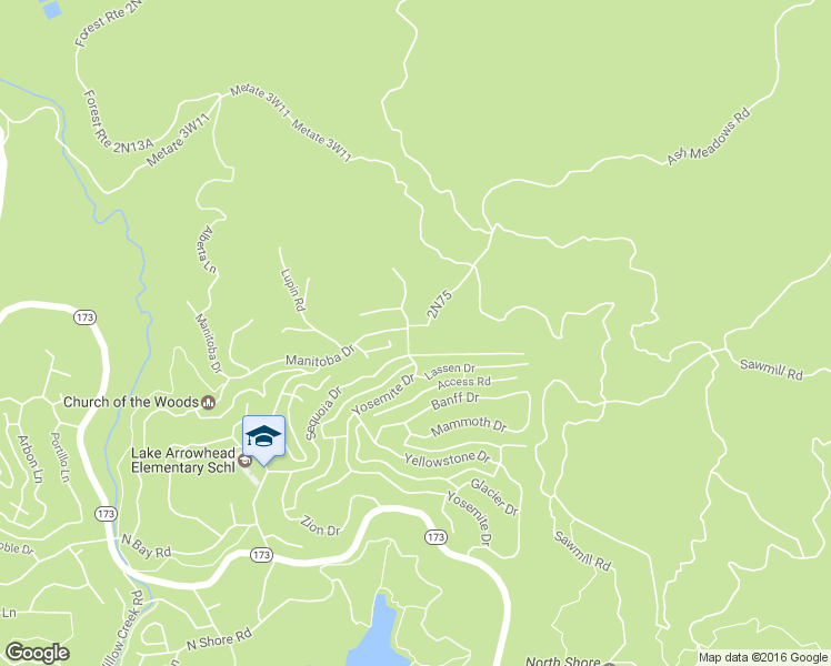 map of restaurants, bars, coffee shops, grocery stores, and more near 1531 Yosemite Drive in Lake Arrowhead