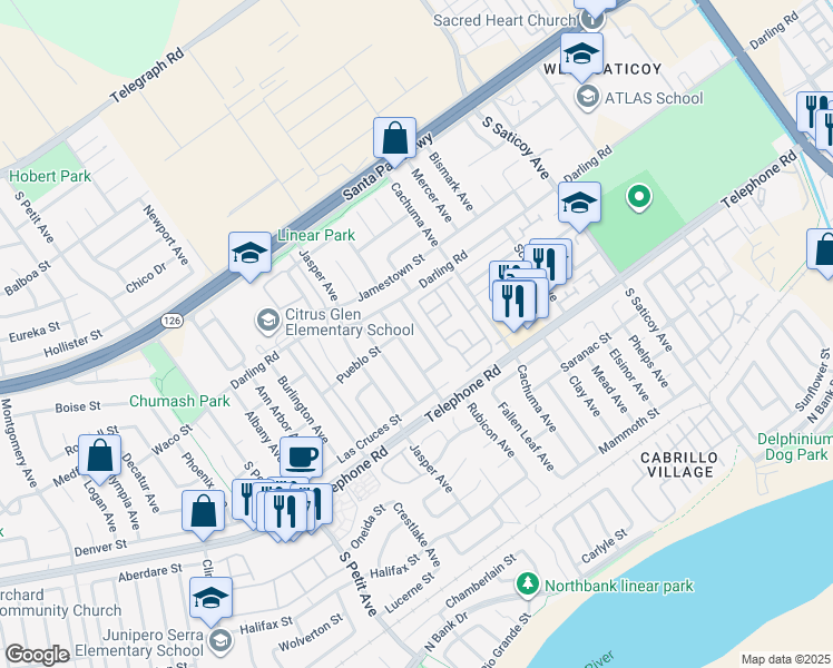 map of restaurants, bars, coffee shops, grocery stores, and more near 915 Calgary Avenue in Ventura