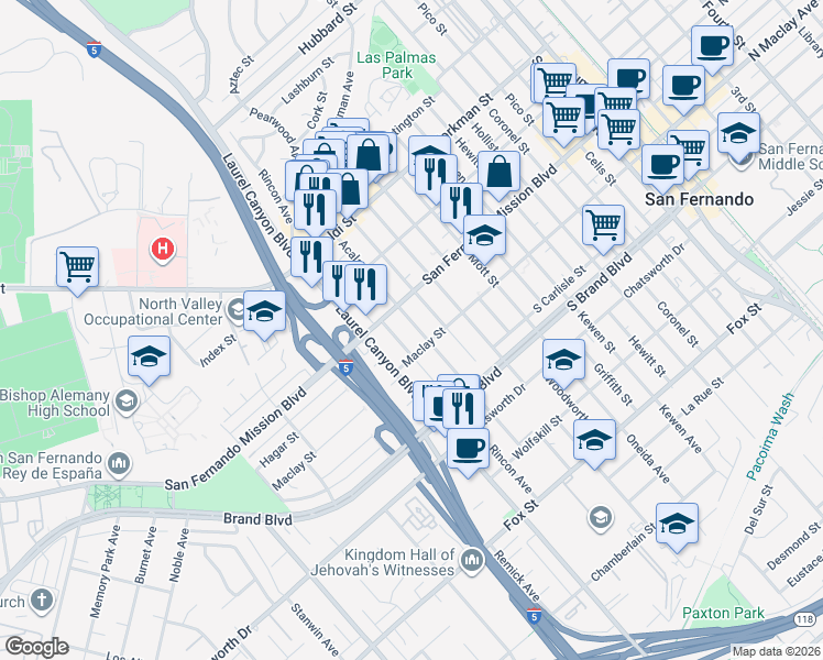 map of restaurants, bars, coffee shops, grocery stores, and more near 11419 Acala Avenue in San Fernando