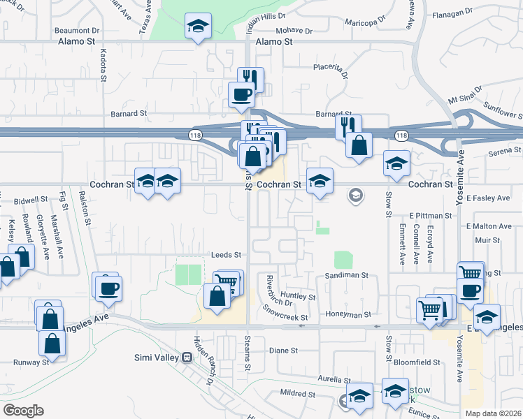 map of restaurants, bars, coffee shops, grocery stores, and more near 2356 Hampton Avenue in Simi Valley