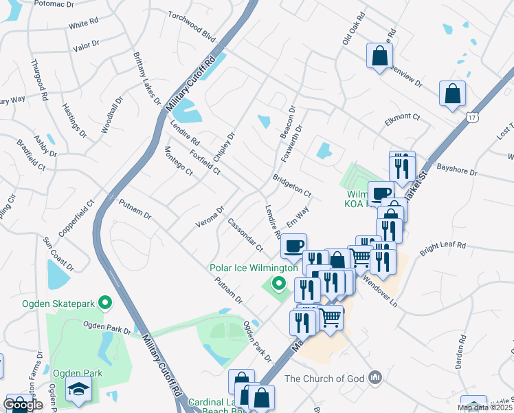 map of restaurants, bars, coffee shops, grocery stores, and more near 7322 Haskell Court in Wilmington