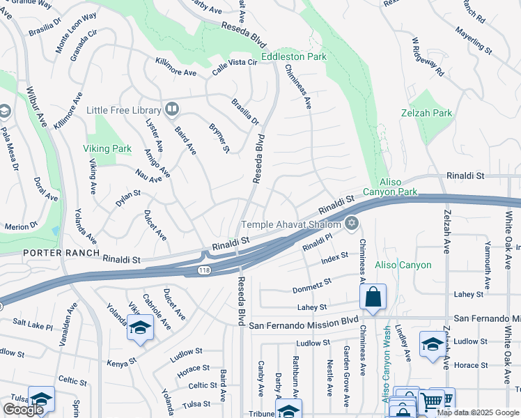 map of restaurants, bars, coffee shops, grocery stores, and more near 11369 Darby Avenue in Los Angeles