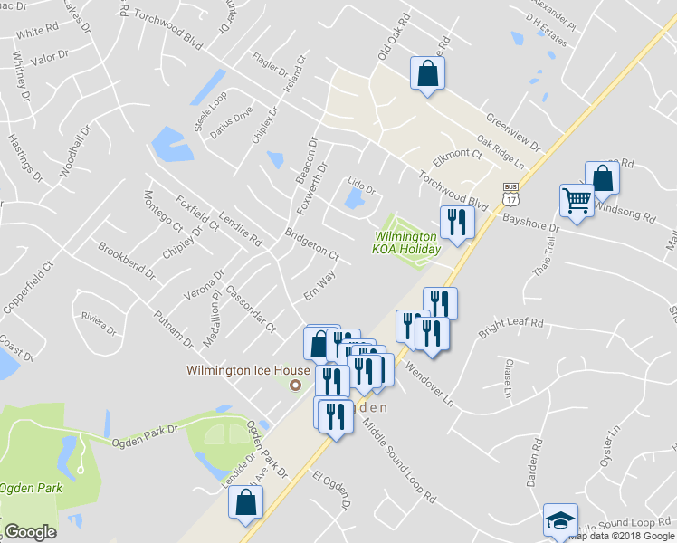 map of restaurants, bars, coffee shops, grocery stores, and more near 7432 Ern Way in Wilmington