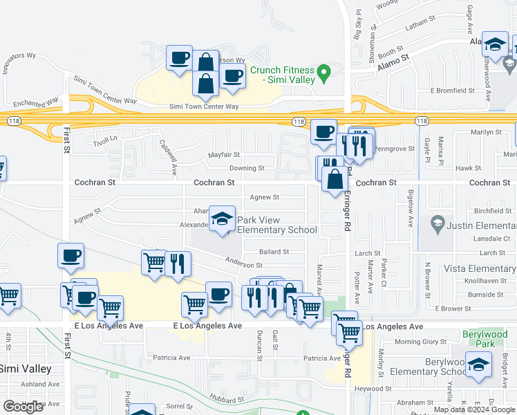 map of restaurants, bars, coffee shops, grocery stores, and more near 1649 Ahart Street in Simi Valley