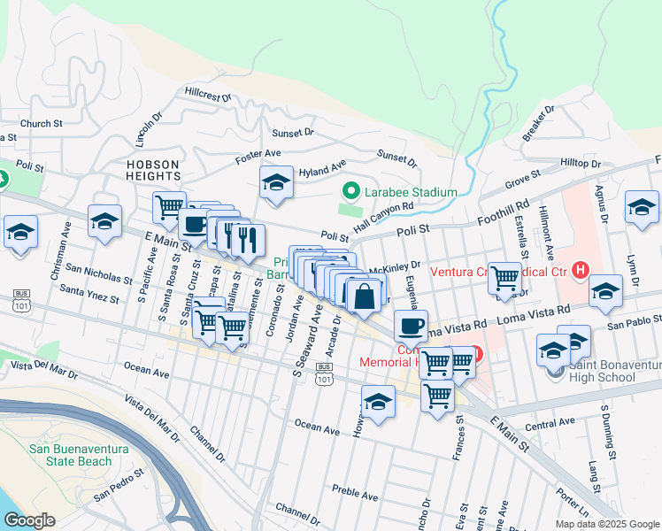 map of restaurants, bars, coffee shops, grocery stores, and more near 2341 Lexington Drive in Ventura