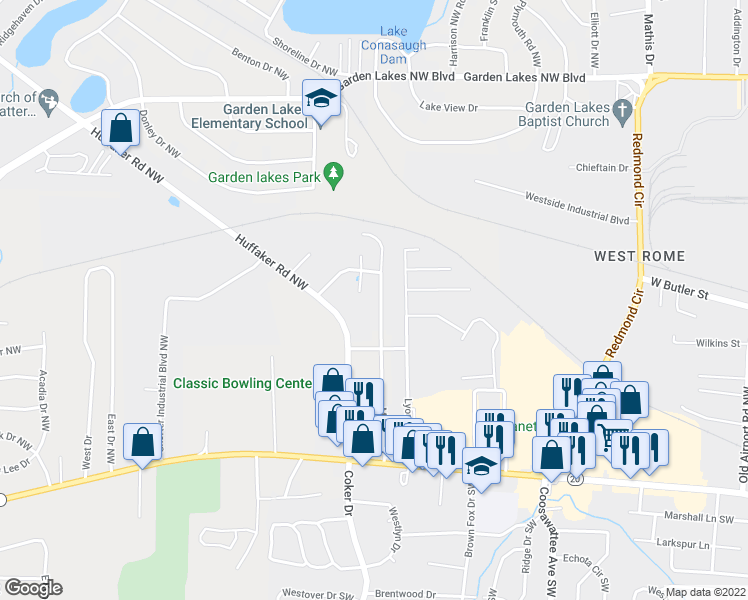 map of restaurants, bars, coffee shops, grocery stores, and more near 111 Melody Lane Northwest in Rome