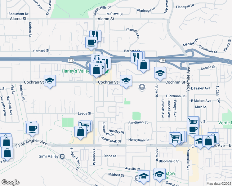 map of restaurants, bars, coffee shops, grocery stores, and more near 2324 Archwood Lane in Simi Valley