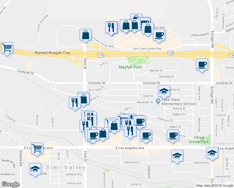 map of restaurants, bars, coffee shops, grocery stores, and more near 1293 Ahart Street in Simi Valley