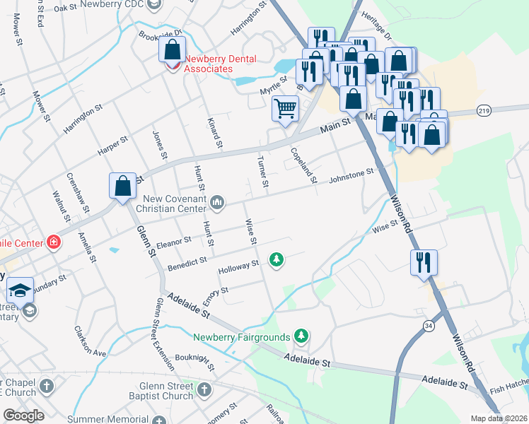 map of restaurants, bars, coffee shops, grocery stores, and more near 2423 Eleanor Street in Newberry