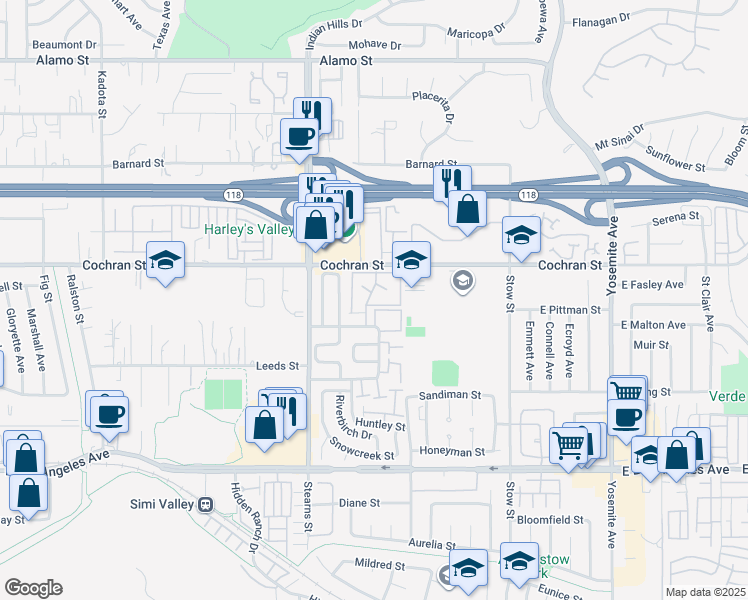 map of restaurants, bars, coffee shops, grocery stores, and more near 2304 Archwood Lane in Simi Valley