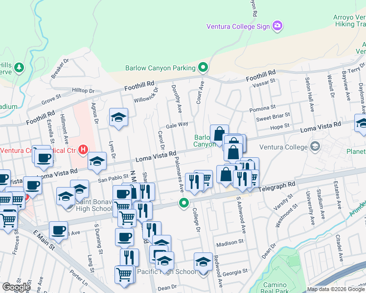 map of restaurants, bars, coffee shops, grocery stores, and more near 209 Dorothy Avenue in Ventura