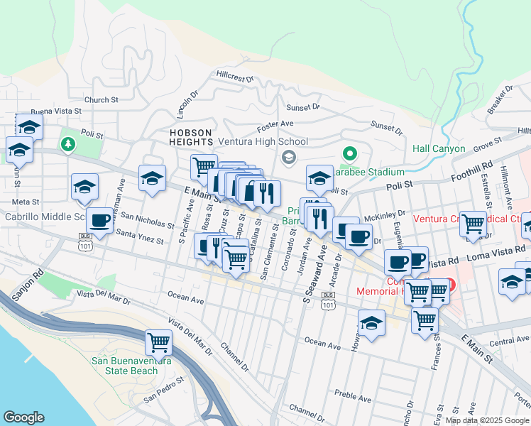 map of restaurants, bars, coffee shops, grocery stores, and more near 2 North Catalina Street in Ventura