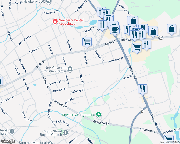 map of restaurants, bars, coffee shops, grocery stores, and more near 2423 Eleanor Street in Newberry