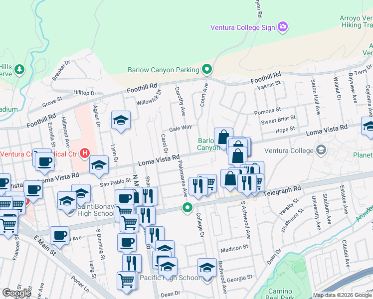 map of restaurants, bars, coffee shops, grocery stores, and more near 209 Dorothy Avenue in Ventura