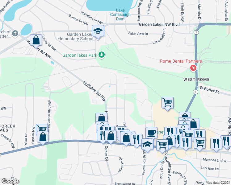 map of restaurants, bars, coffee shops, grocery stores, and more near 113 Melody Lane Northwest in Rome
