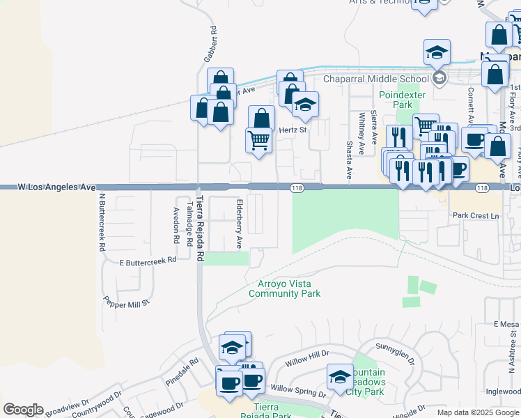 map of restaurants, bars, coffee shops, grocery stores, and more near East Beltramo Ranch Road in Moorpark