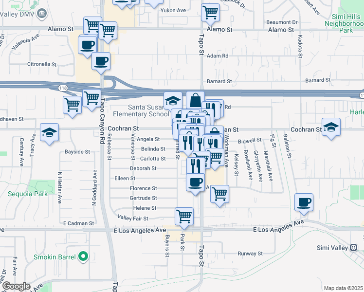 map of restaurants, bars, coffee shops, grocery stores, and more near 2381 Tapo Street in Simi Valley