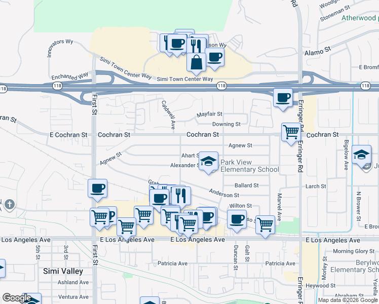 map of restaurants, bars, coffee shops, grocery stores, and more near 2294 Caldwell Avenue in Simi Valley