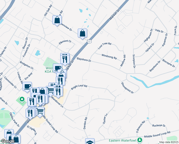 map of restaurants, bars, coffee shops, grocery stores, and more near 7444 Thais Trail in Wilmington