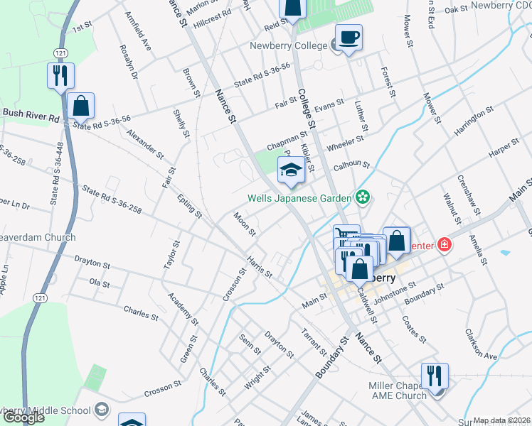 map of restaurants, bars, coffee shops, grocery stores, and more near 940 Speers Street in Newberry