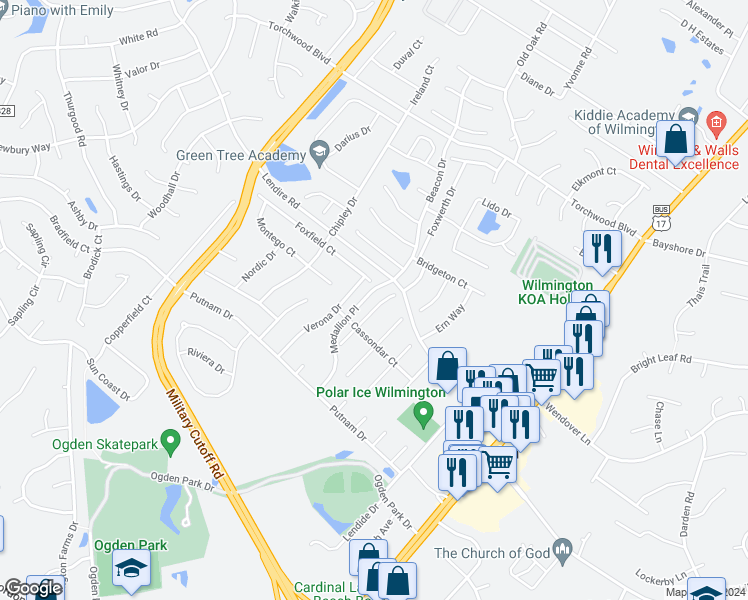 map of restaurants, bars, coffee shops, grocery stores, and more near 7317 Haskell Court in Wilmington