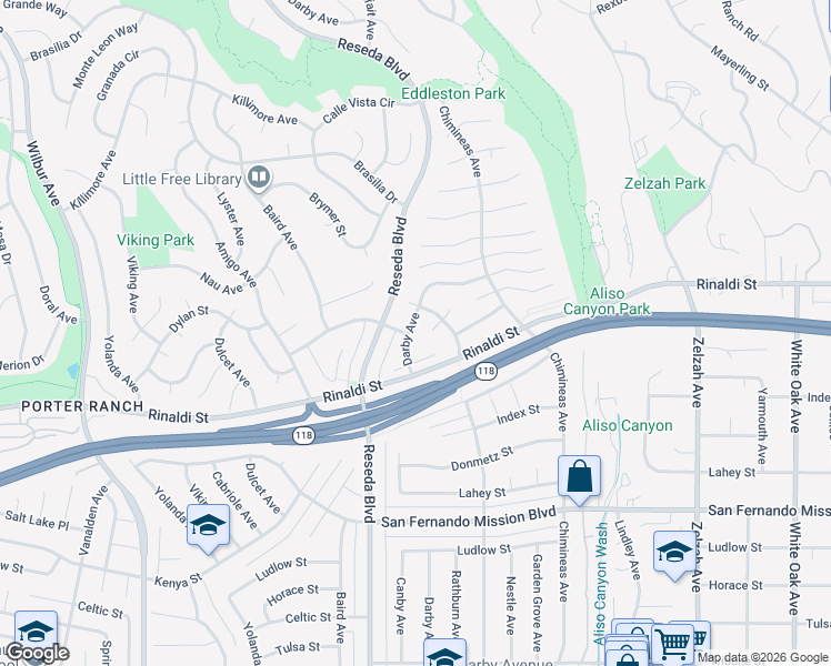 map of restaurants, bars, coffee shops, grocery stores, and more near 11400 Darby Avenue in Los Angeles
