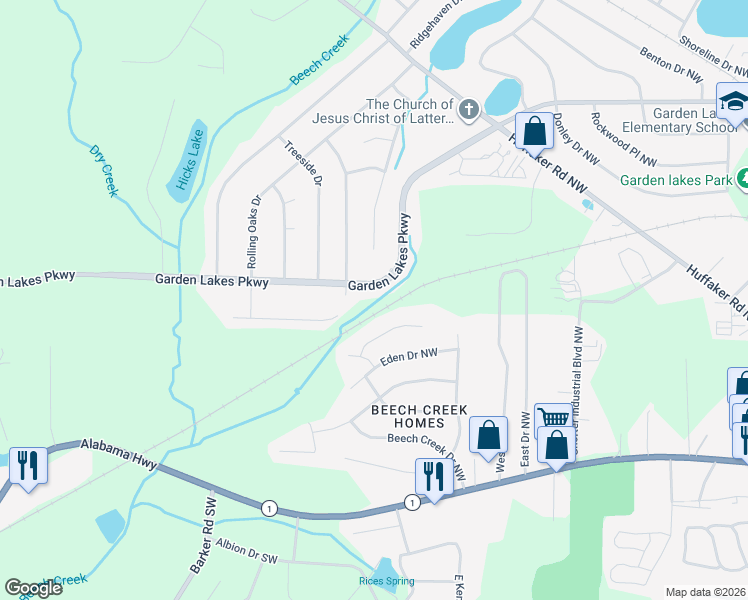 map of restaurants, bars, coffee shops, grocery stores, and more near 3603 Garden Lakes Parkway in Rome